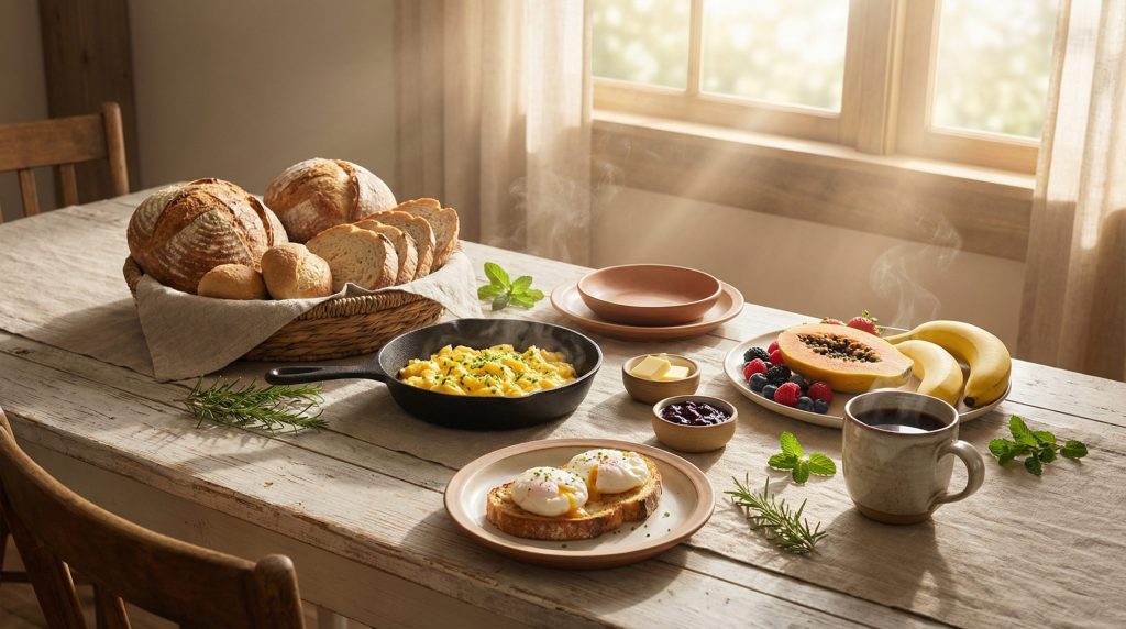 Café da Manhã: Pães Caseiros, Ovos e Mesa Posta